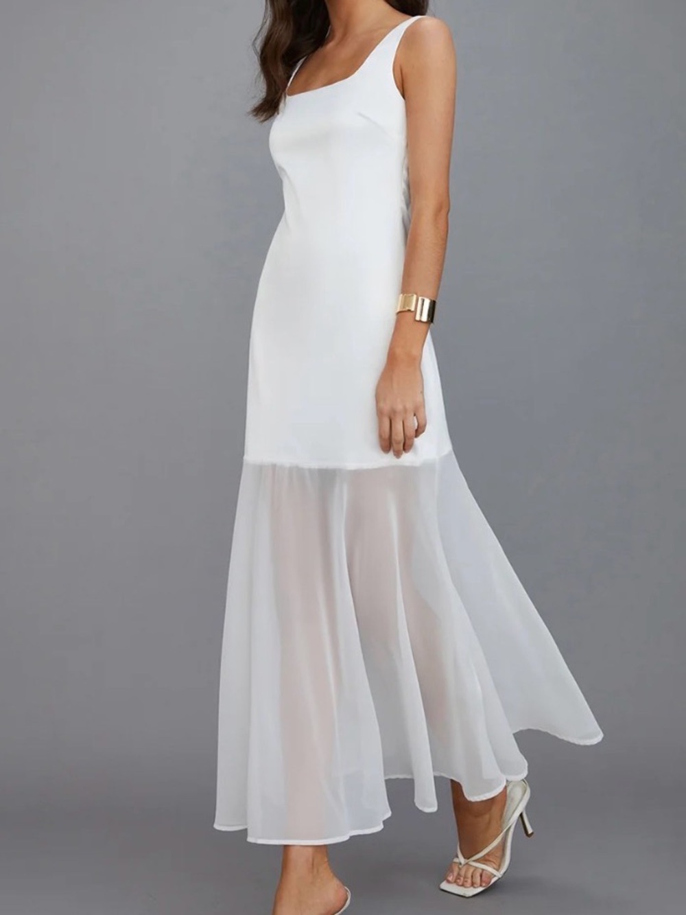 White Scoop Neck Sheer-Hem Maxi Dress - Elegant Women's Dress